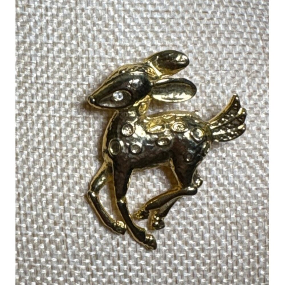 Deer Bambi Brooch Pin Jewelry Vintage Gold Tone Fawn Rhinestone 1.5"